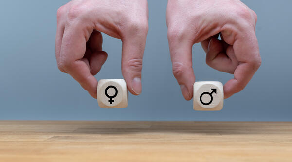 Symbol for gender equality. Two hands hold two dice in equal height with symbols for men and women in front of a grey background.