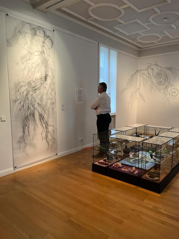 Julia Baur, Zeichnungen und Wandzeichnung Serie Hybride XXXL und Stefan Z&ouml;llner, Reaktor 2023 - Objekt und Video-Installation