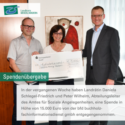 Spenden&uuml;bergabe: Landkreis erh&auml;lt 15.000 Euro von bfd
