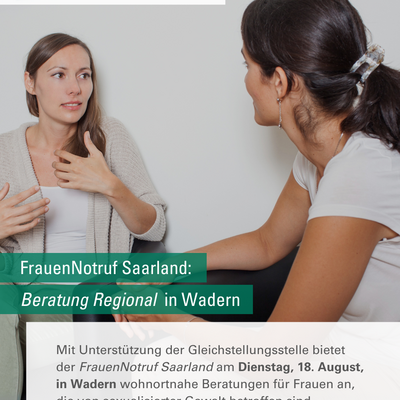 Beratung Regional mit dem FrauenNotruf Saarland am 18. August in Wadern