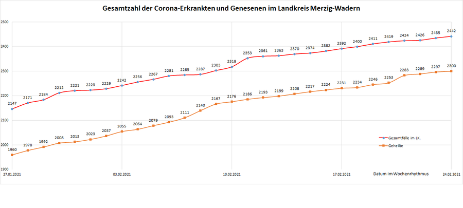 Gesamtzahl der Corona-Erkrankten und Genesenen im Landkreis Merzig-Wadern, Stand: 24.02.2021.
