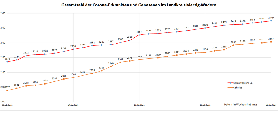 Gesamtzahl der Corona-Erkrankten und Genesenen im Landkreis Merzig-Wadern, Stand: 25.02.2021.