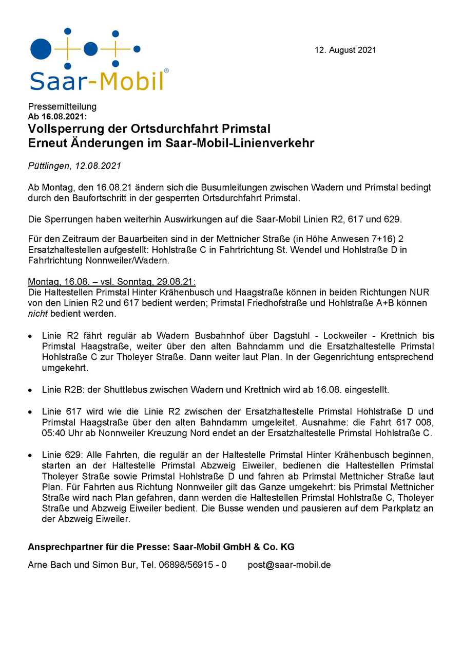 PM Vollsperrung der Ortsdurchfahrt Primstal Erneut Änderungen im Saar-Mobil-Linienverkehr