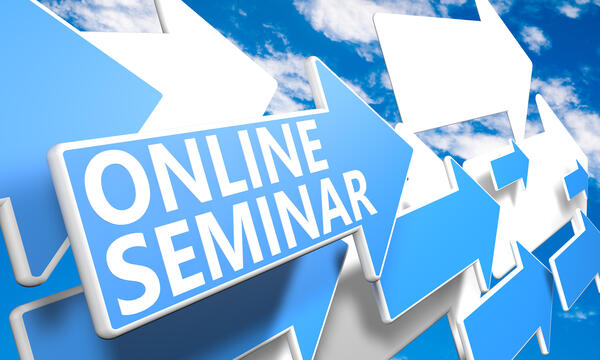 Online Seminar 3d render concept with blue and white arrows flying in a blue sky with clouds