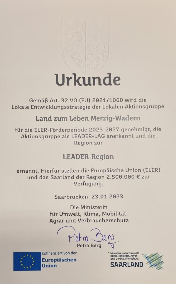LEADER-Urkunde zur F&ouml;rderperiode 2023 bis 2027